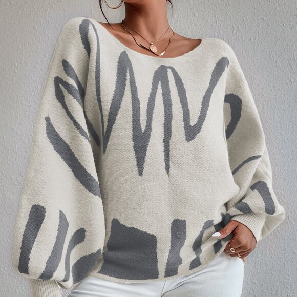 Multicolor Casual Women's Graphic Pattern Lantern Sleeve Sweater - Picture 4 of 7